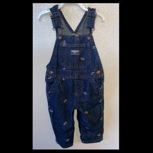 Osh Kosh Bgosh jean Overalls w/ lil football designs size 9m